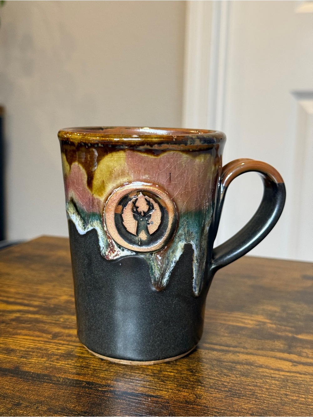 Handmade Studio Pottery Deer Stag Mug Rustic Drip Glaze Stoneware Cabin